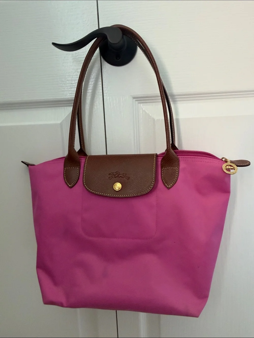 Longchamp Pink Tote with Brown Leather Trim